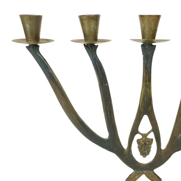 Vintage Brass Shabbat Sabbath Menorah Candleholder Grapes Hebrew Script Israel - Picture 5 of 11
